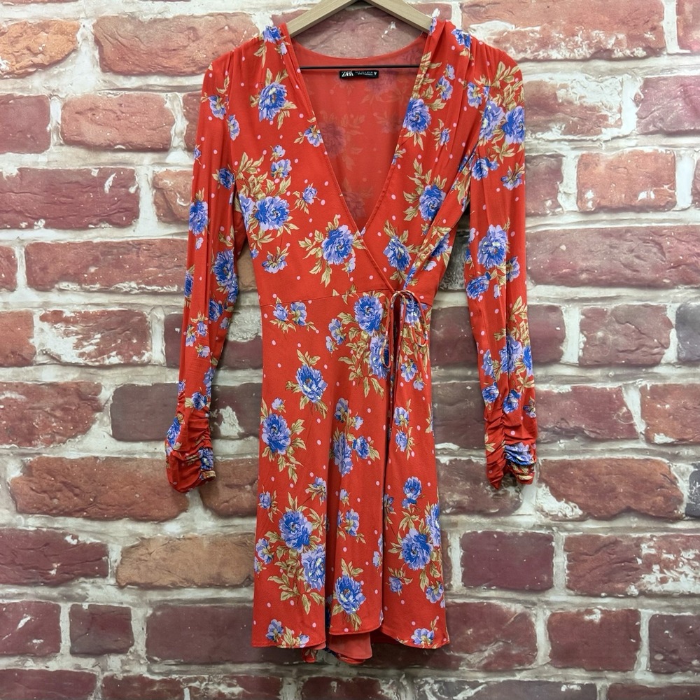 Zara Mini Wrap Dress Women's Small Red Multicolor Garden Floral Polka Dot Casual